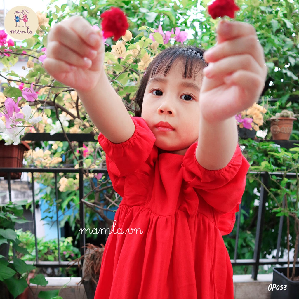 Váy đầm bé gái dài tay babydoll bèo màu đỏ cho MamLa