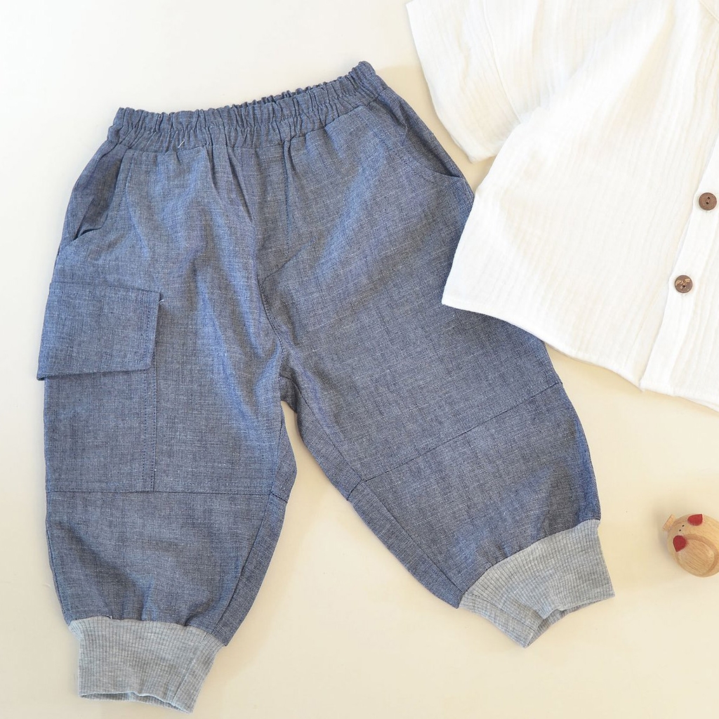 Quần bé trai linen Bomber túi hiphop bo chun màu xám MamLa