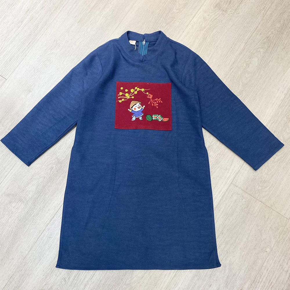 Áo dài bé trai xanh dương thêu tay vải nhung mềm mại truyền thống MamLa