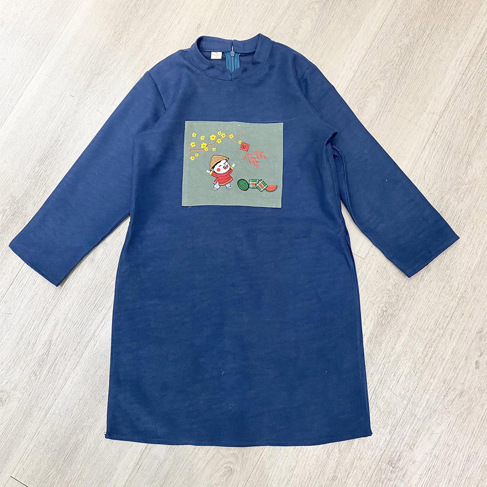 Áo dài bé trai xanh dương thêu tay vải nhung mềm mại truyền thống MamLa