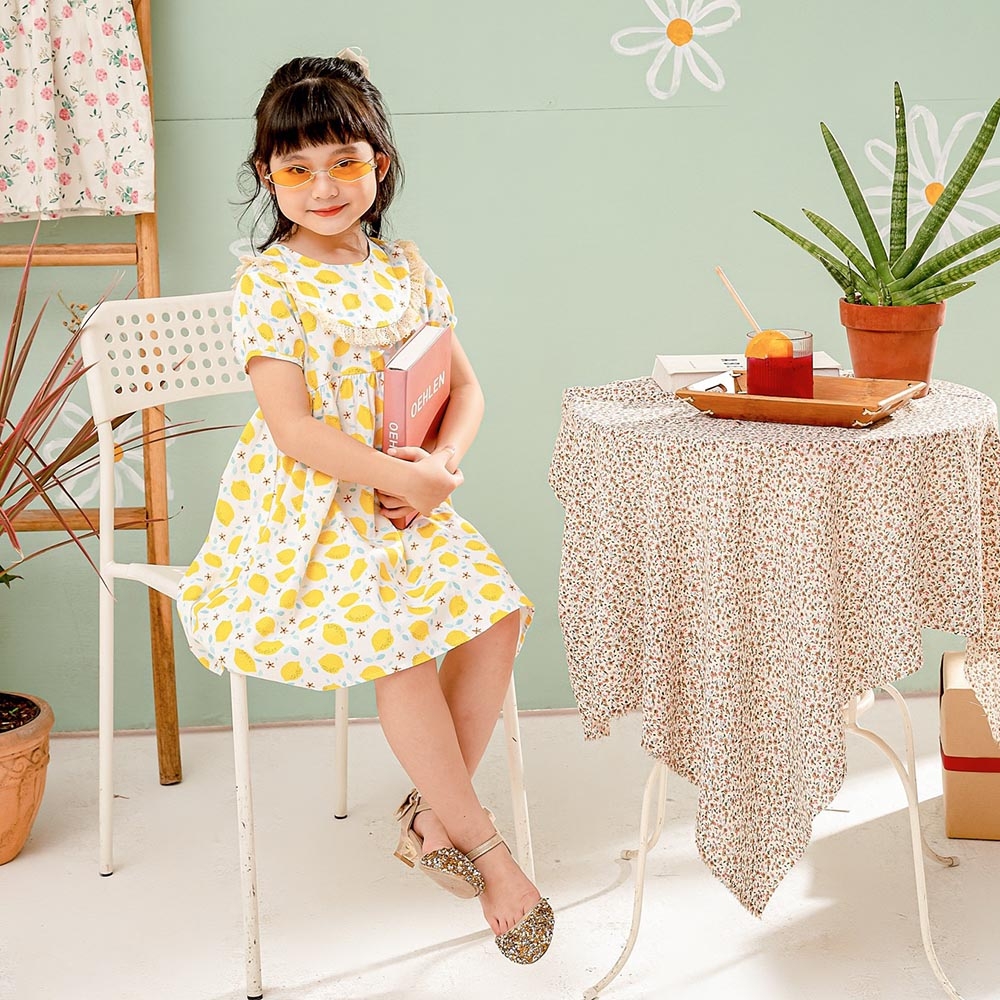 Váy đầm bé gái họa tiết chanh vàng viền ren cổ MamLa