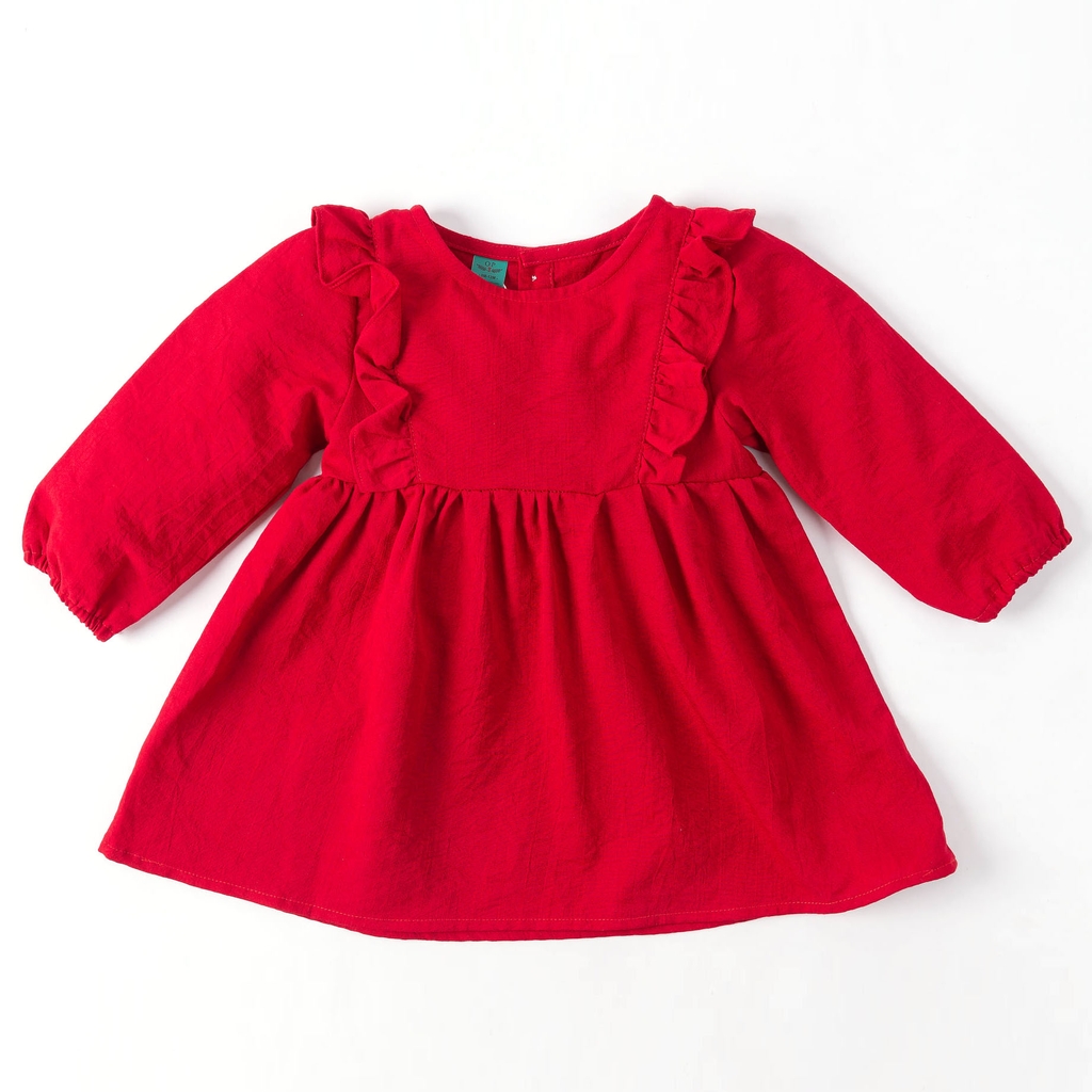 Váy đầm bé gái dài tay babydoll bèo màu đỏ cho MamLa