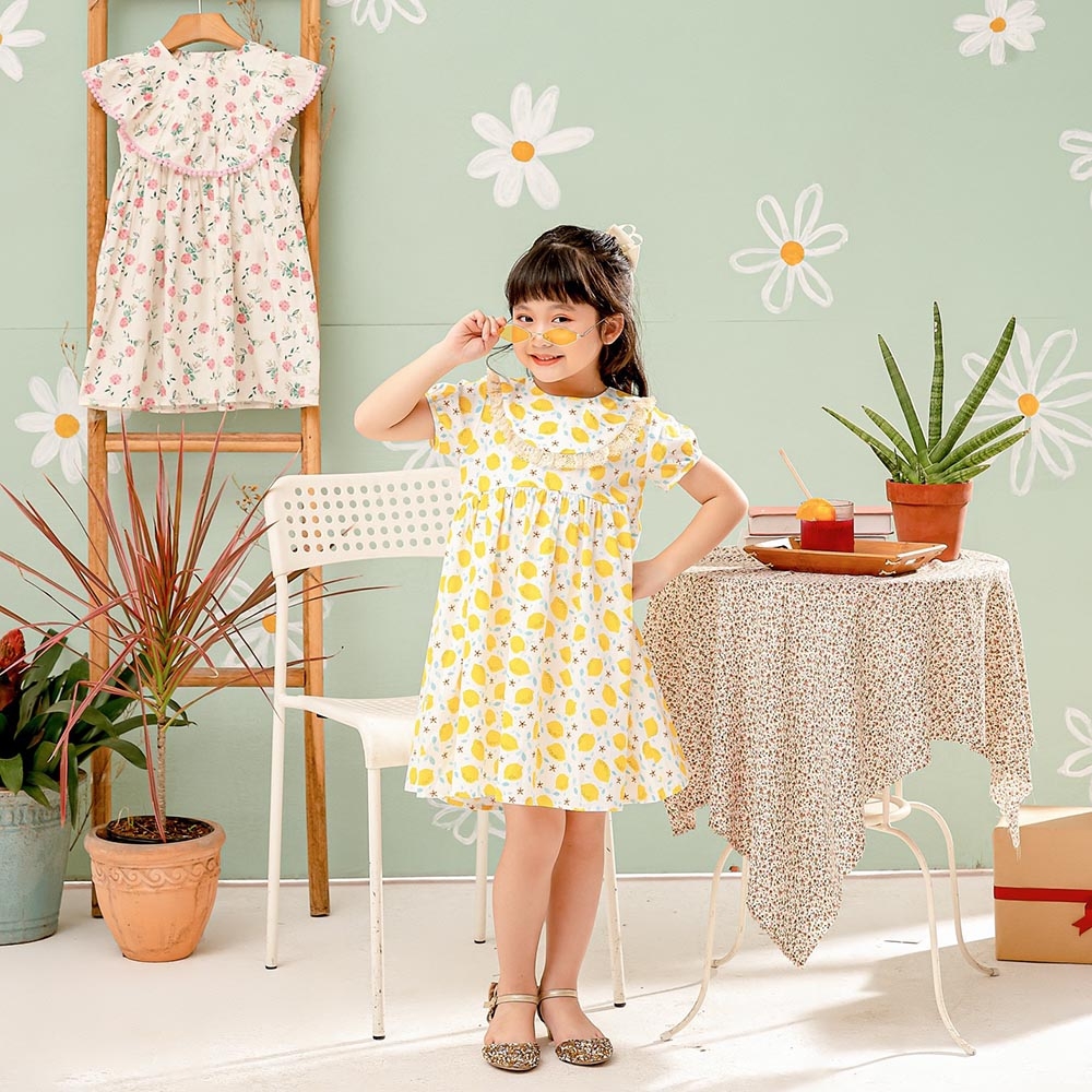 Váy đầm bé gái họa tiết chanh vàng viền ren cổ MamLa