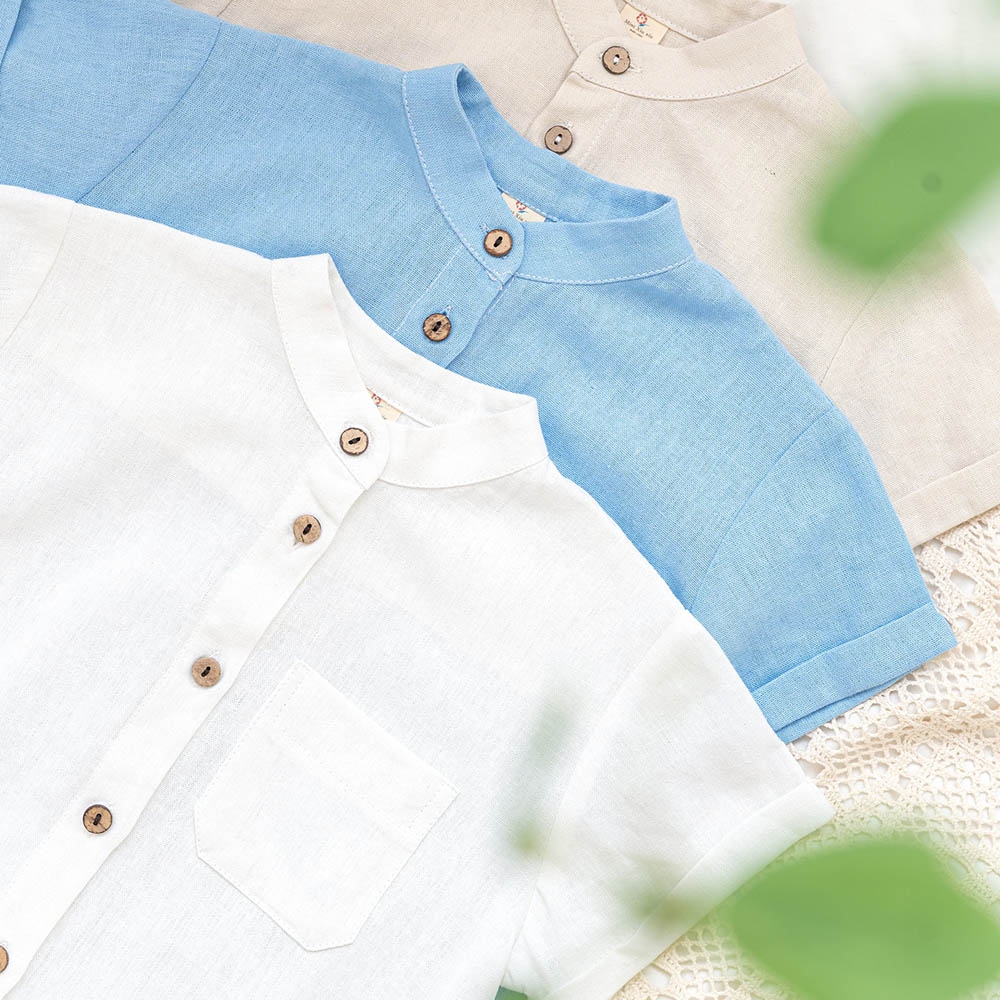 Áo sơ mi bé trai xanh dương cổ Tàu chất linen đũi mềm mịn mát MamLa