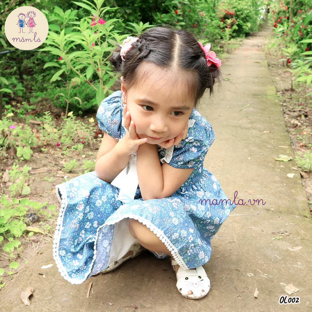 Váy đầm bé gái hoa hồng xanh nơ ngực MamLa