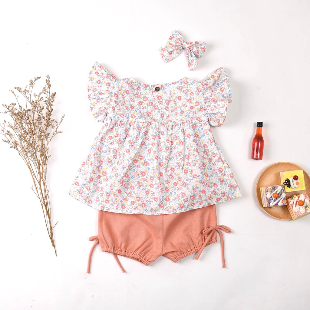 Bộ cộc tay hoa nhí vải thô kết hợp linen set áo quần cho Bé gái MamLa