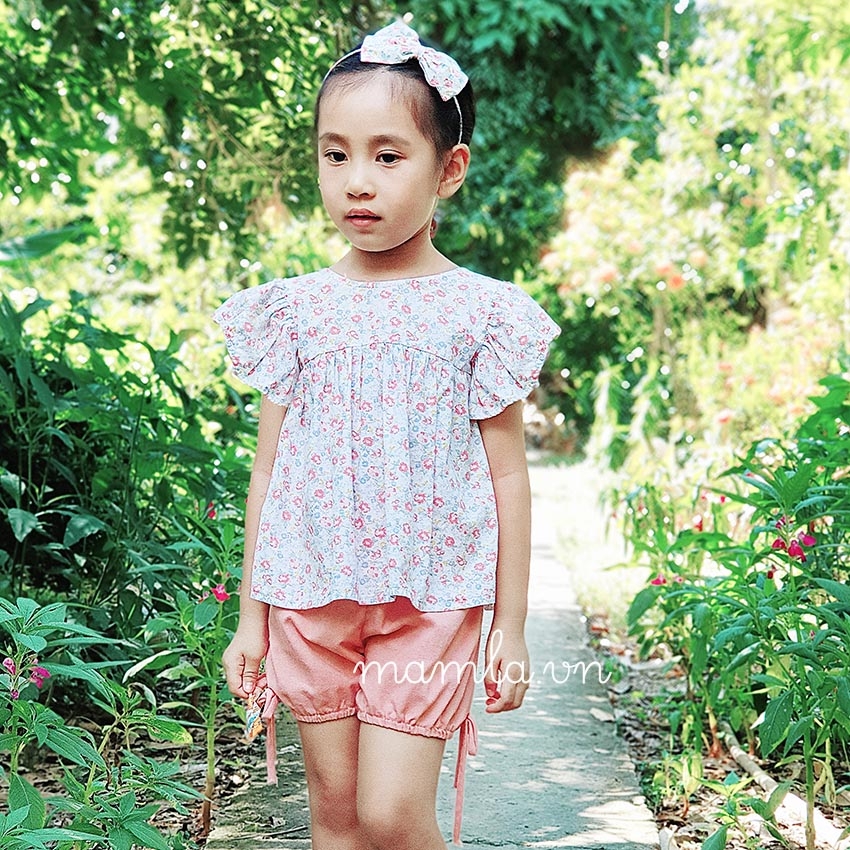 Bộ cộc tay hoa nhí vải thô kết hợp linen set áo quần cho Bé gái MamLa