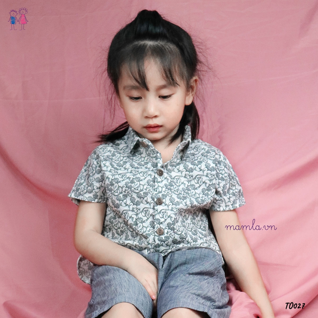 Áo sơ mi tay ngắn bé trai bé gái hình chuột Mickey màu xám MamLa