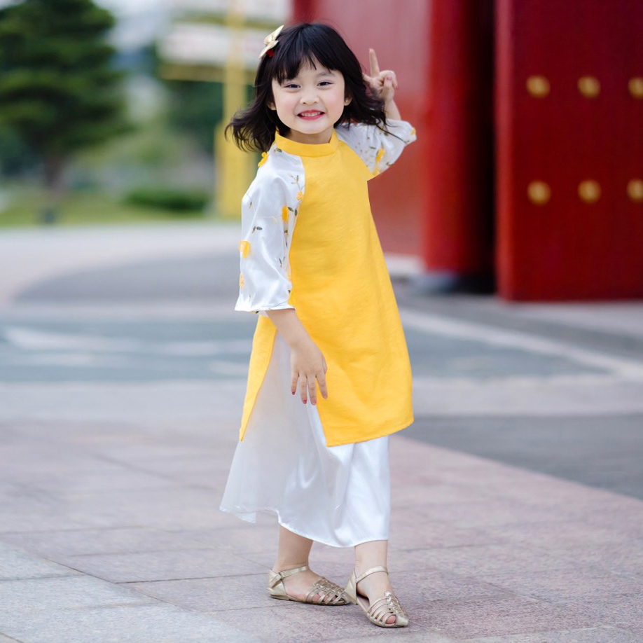 Áo dài cách tân bé gái tay phối voan thêu nổi bật MamLa