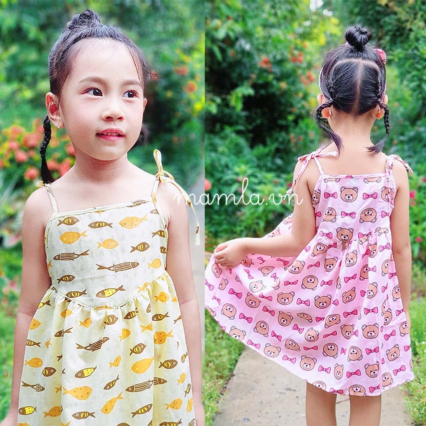 Váy đầm Bé gái 2 dây xô đũi nhẹ mát nhiều màu xinh xắn hình ảnh ngộ nghĩnh MamLa