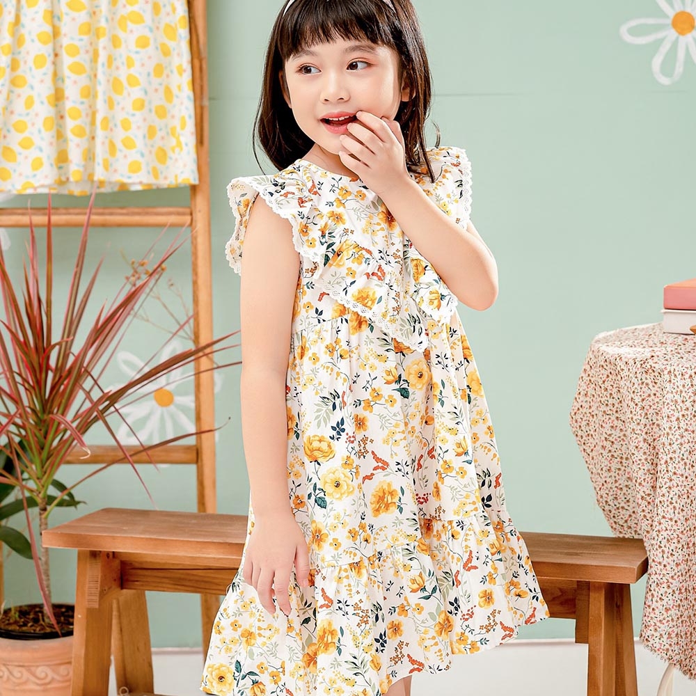 Váy đầm bé gái hoa vàng ren bèo tam giác hè thu MamLa