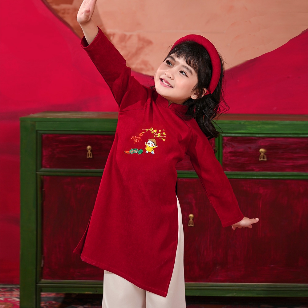 Áo dài bé gái đỏ thêu tay kèm quần tặng bờm giả mấn vải nhung tăm mềm mại truyền thống MamLa