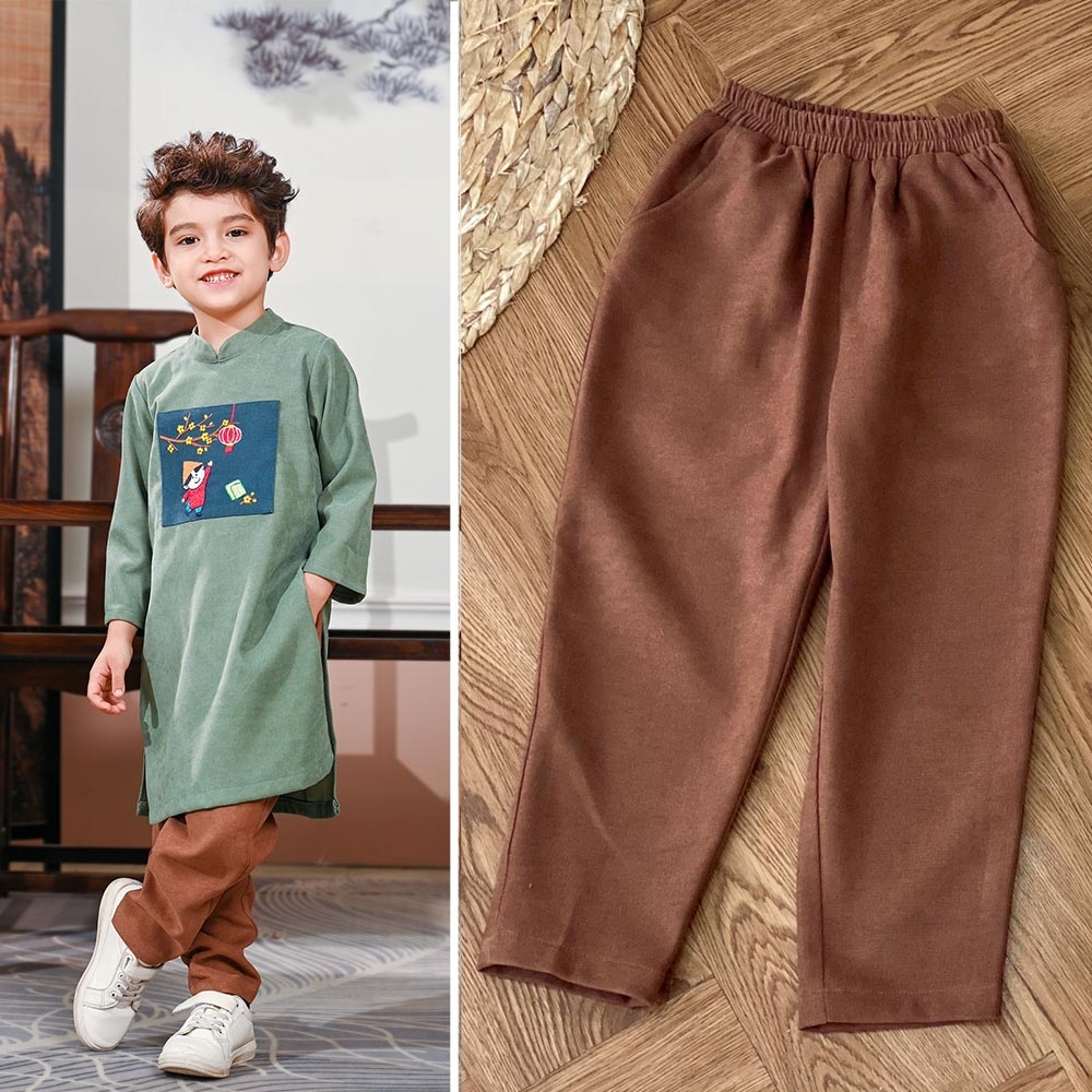 Quần bé trai linen nâu form quần âu dài dễ phối đồ có tui 2 bên MamLa