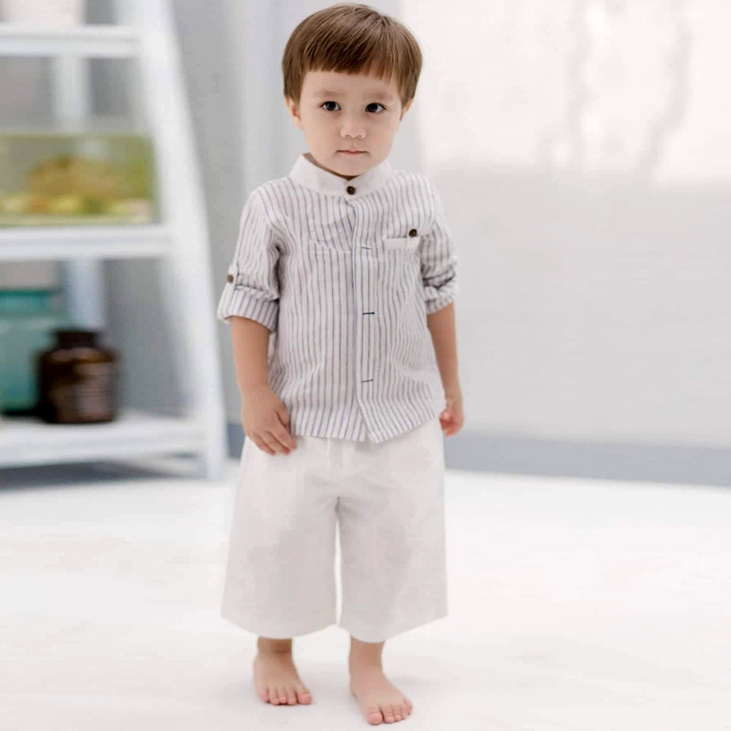 Áo sơ mi dài tay sọc nút đĩa đáng yêu cho bé trai và bé gái MamLa