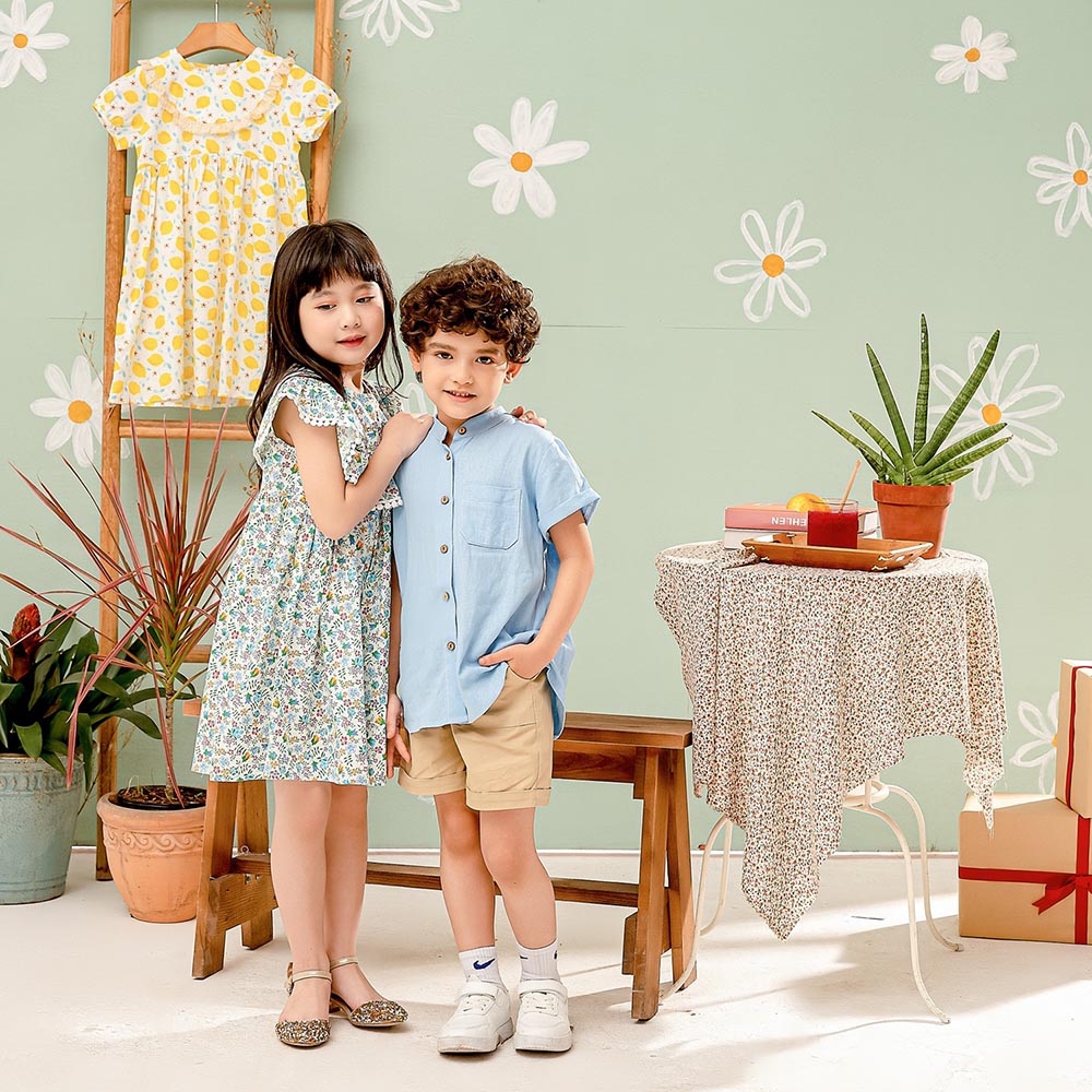 Áo sơ mi bé trai xanh dương cổ Tàu chất linen đũi mềm mịn mát MamLa