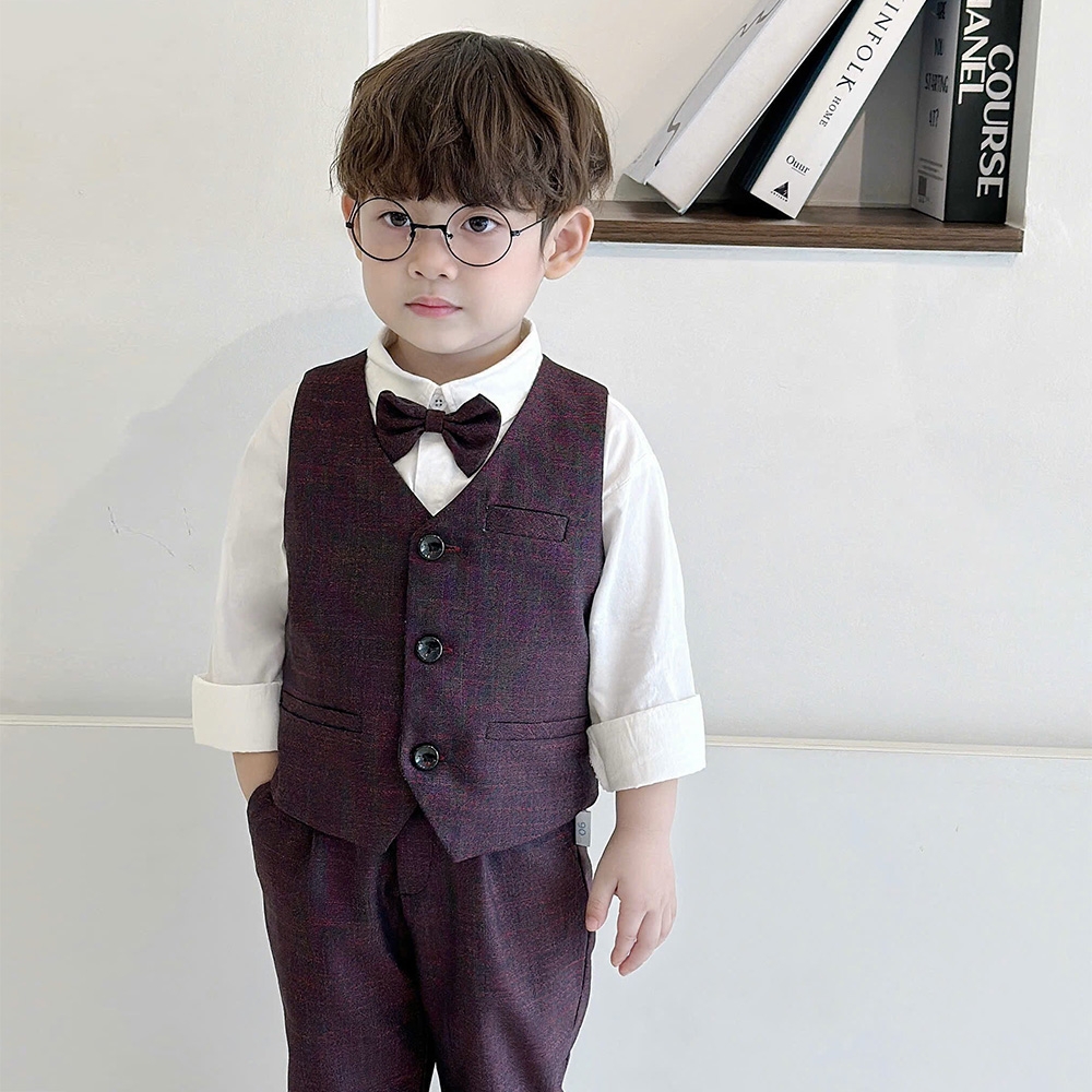 Set Gile bé trai 4 chi kết hợp sơ mi trắng nơ cổ công tử vải mềm mịn hàng thiết kế MamLa LB203