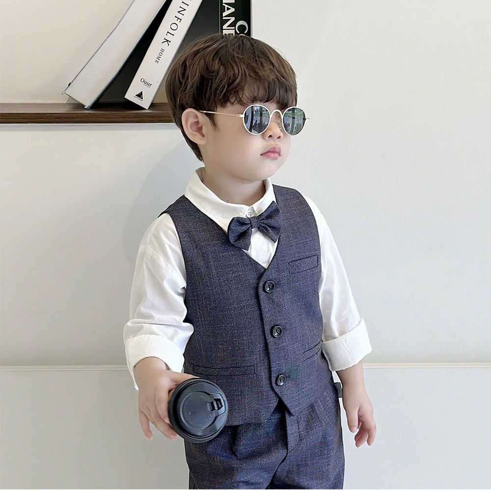 Set Gile bé trai 4 chi kết hợp sơ mi trắng nơ cổ công tử vải mềm mịn hàng thiết kế MamLa LB203