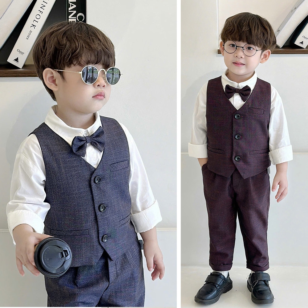 Set Gile bé trai 4 chi kết hợp sơ mi trắng nơ cổ công tử vải mềm mịn hàng thiết kế MamLa LB203