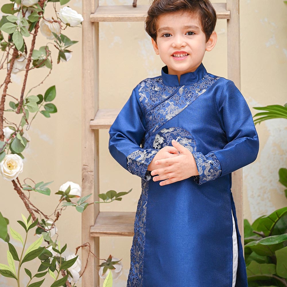 Áo dài bé trai gấm Rồng mặt nguyệt truyền thống MamLa