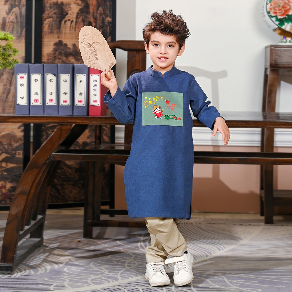 Áo dài bé trai xanh dương thêu tay vải nhung mềm mại truyền thống MamLa