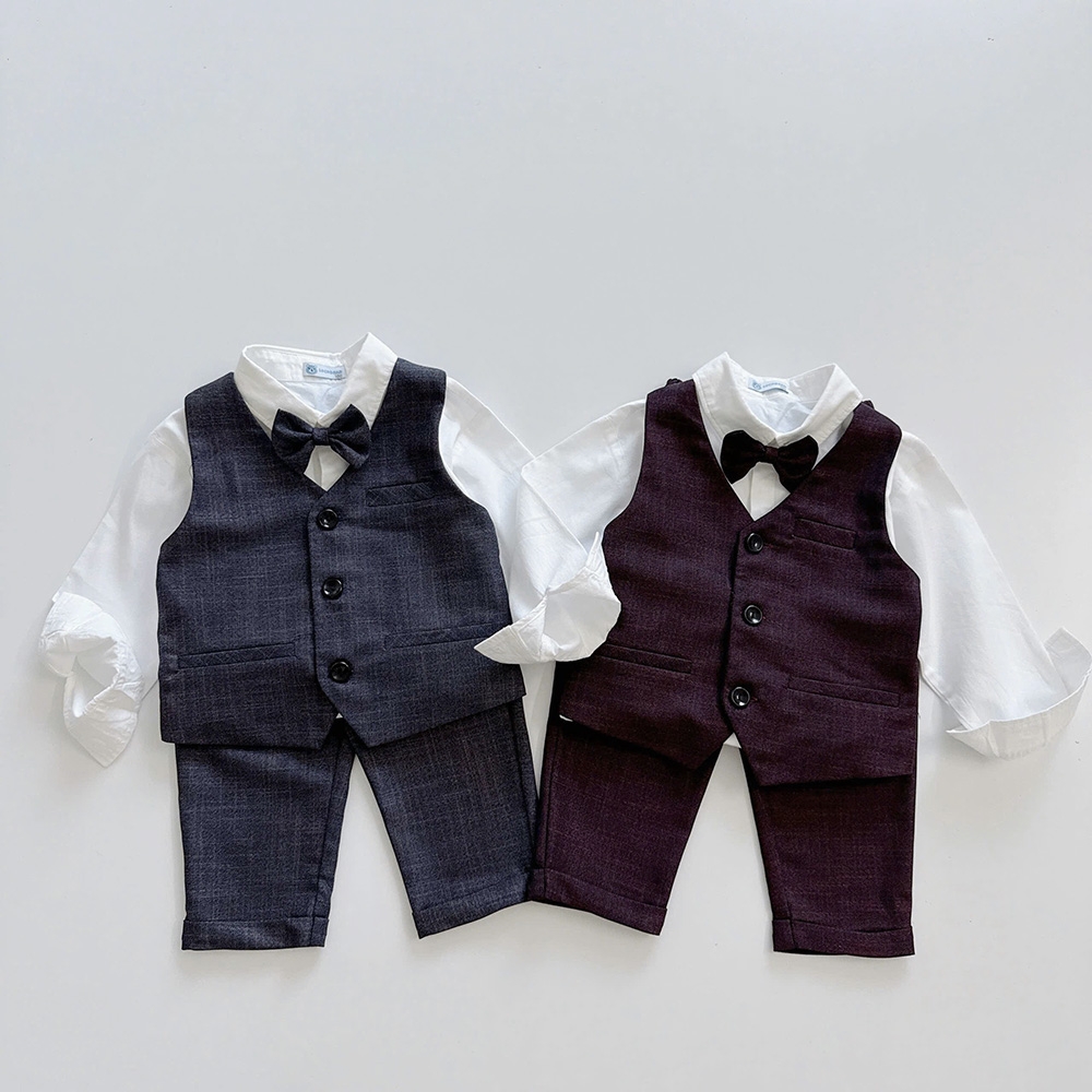 Set Gile bé trai 4 chi kết hợp sơ mi trắng nơ cổ công tử vải mềm mịn hàng thiết kế MamLa LB203