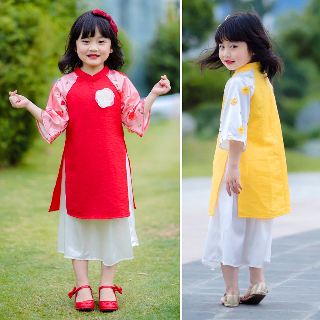 Áo dài cách tân bé gái tay phối voan thêu nổi bật MamLa