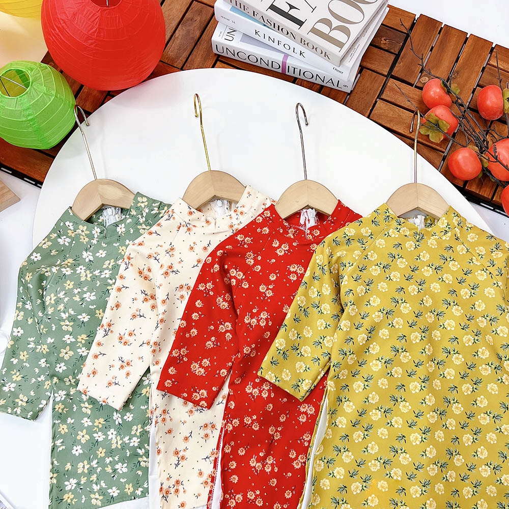 Áo dài bé gái hoa nhung tăm mềm mịn truyền thống áo phối ren dưới lai kèm quần lụa có tặng mấn MamLa