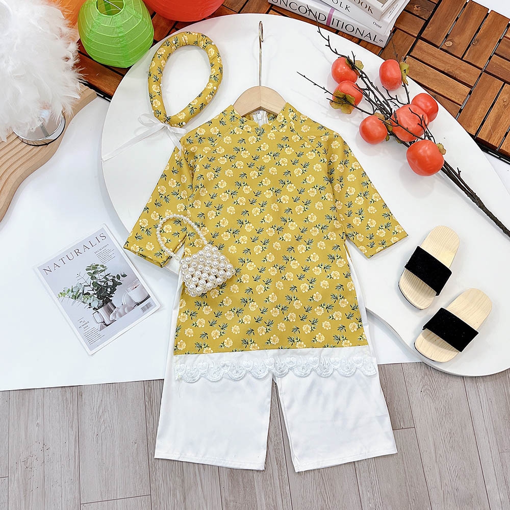 Áo dài bé gái hoa nhung tăm mềm mịn truyền thống áo phối ren dưới lai kèm quần lụa có tặng mấn MamLa