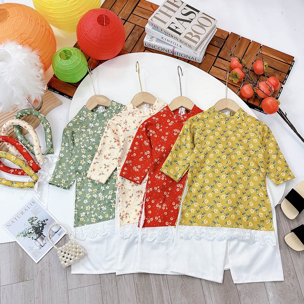 Áo dài bé gái hoa nhung tăm mềm mịn truyền thống áo phối ren dưới lai kèm quần lụa có tặng mấn MamLa