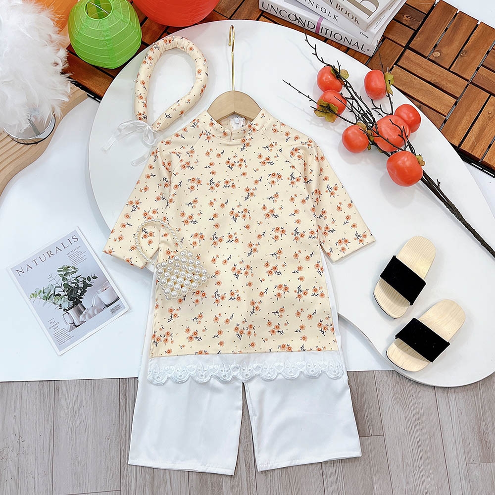 Áo dài bé gái hoa nhung tăm mềm mịn truyền thống áo phối ren dưới lai kèm quần lụa có tặng mấn MamLa