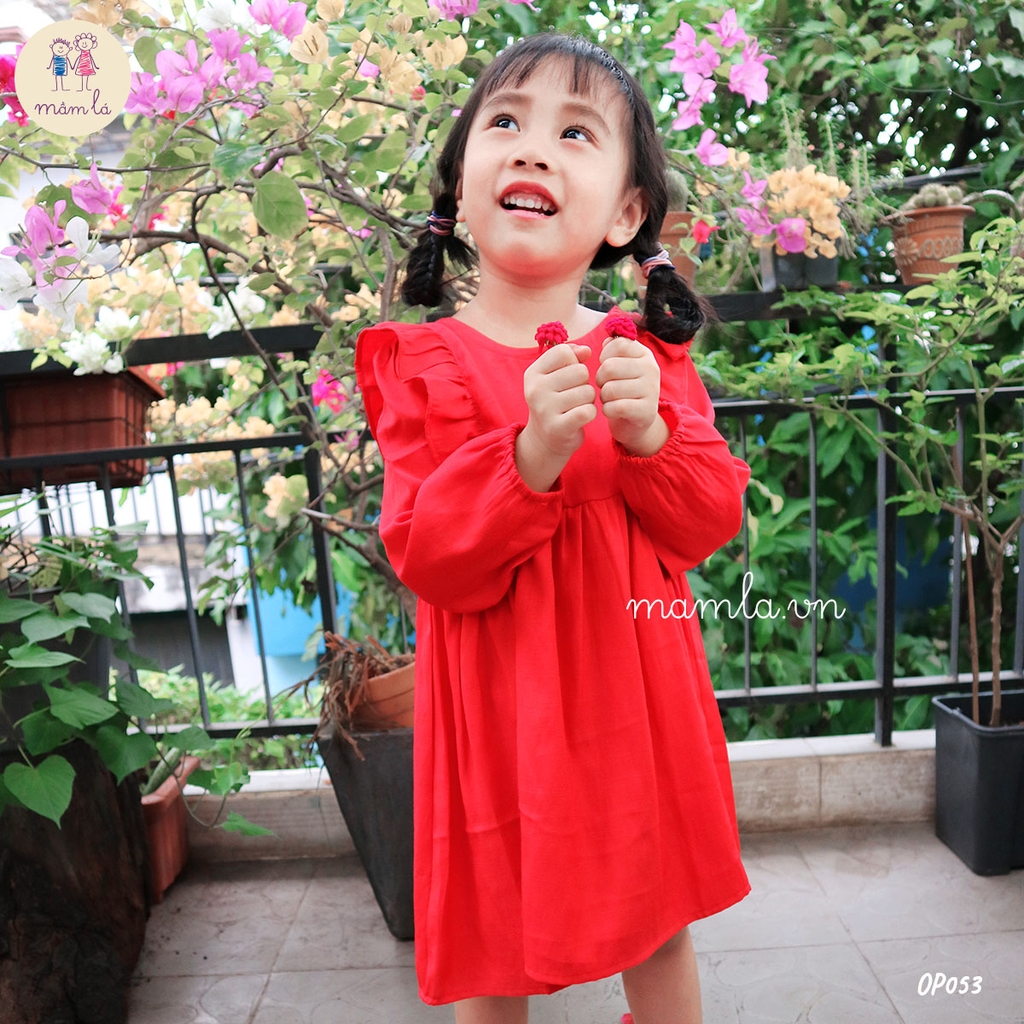 Váy đầm bé gái dài tay babydoll bèo màu đỏ cho MamLa