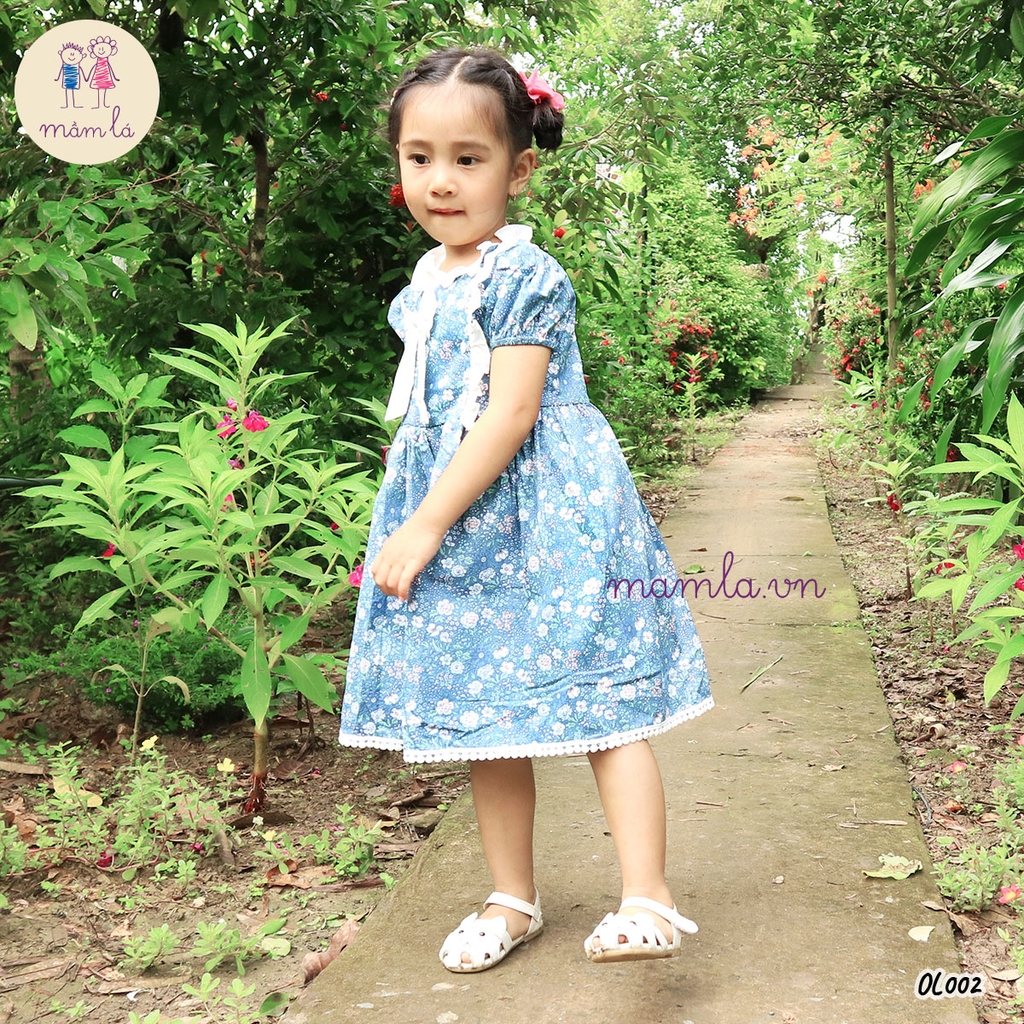 Váy đầm bé gái hoa hồng xanh nơ ngực MamLa