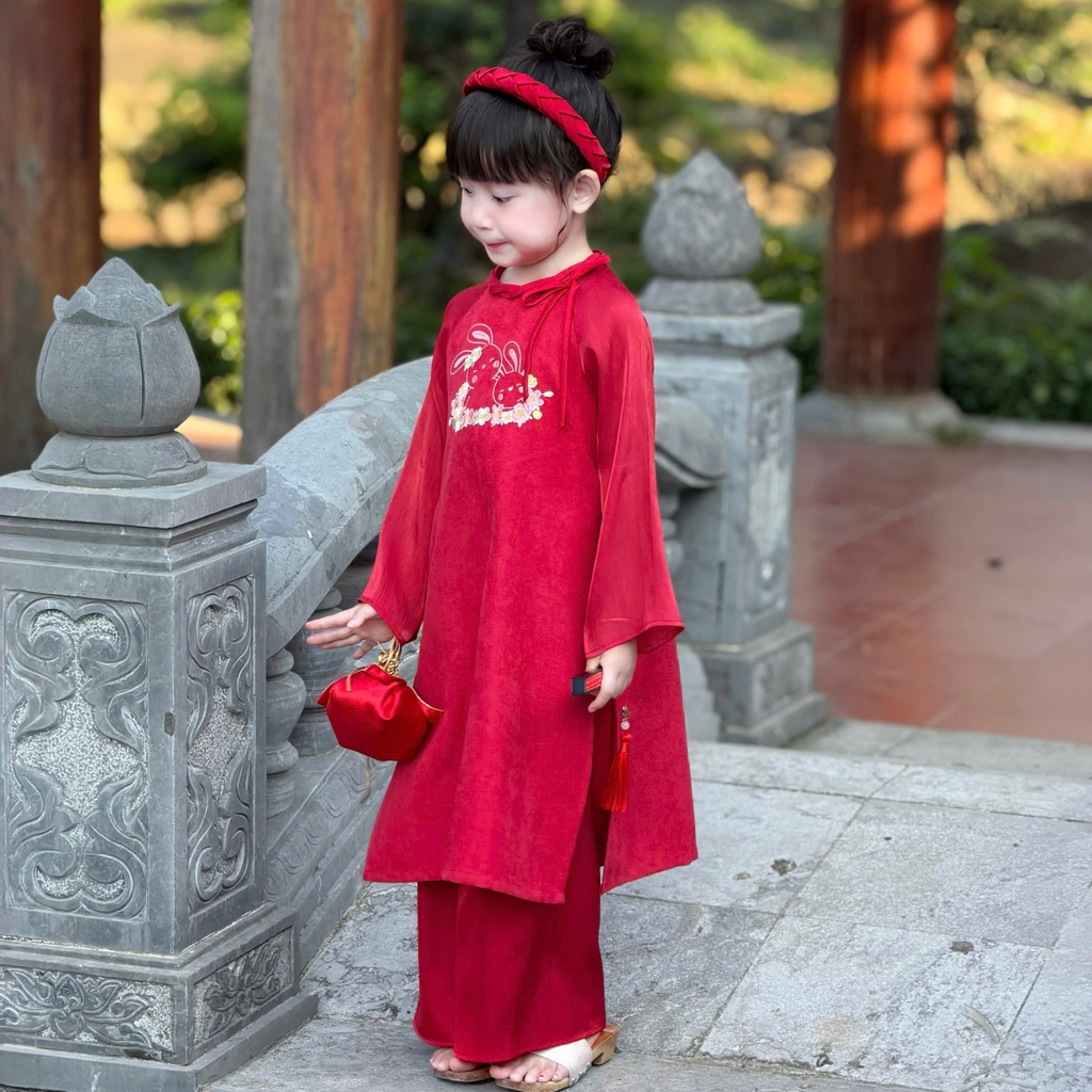 Bộ áo dài bé gái nhung tăm mềm mịn thêu Thỏ Ngọc áo kèm quần MamLa CC211
