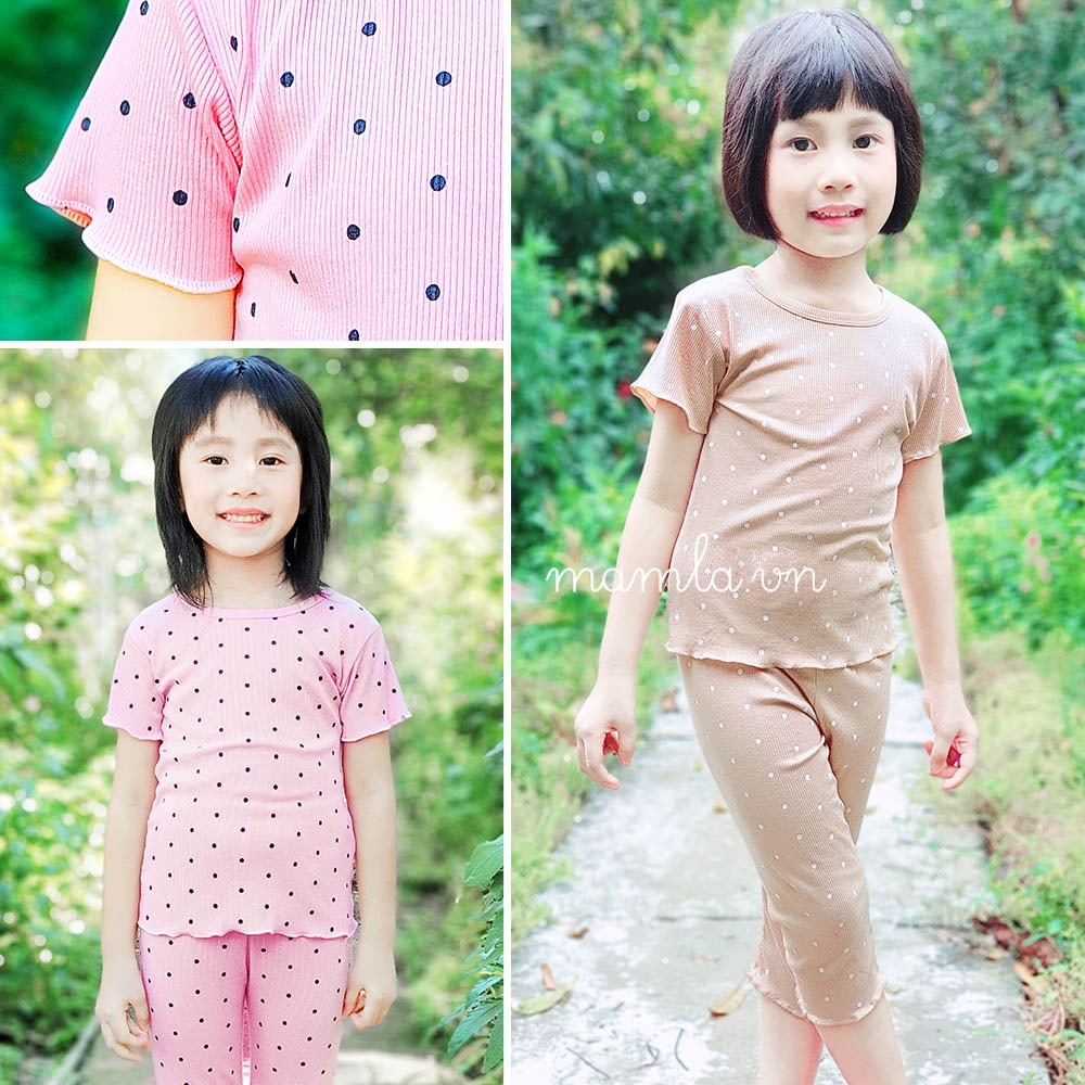 Đồ bộ bé gái chấm bi thun tăm gân lạnh quần áo trẻ em nhẹ nhàng tiện mặc MamLa