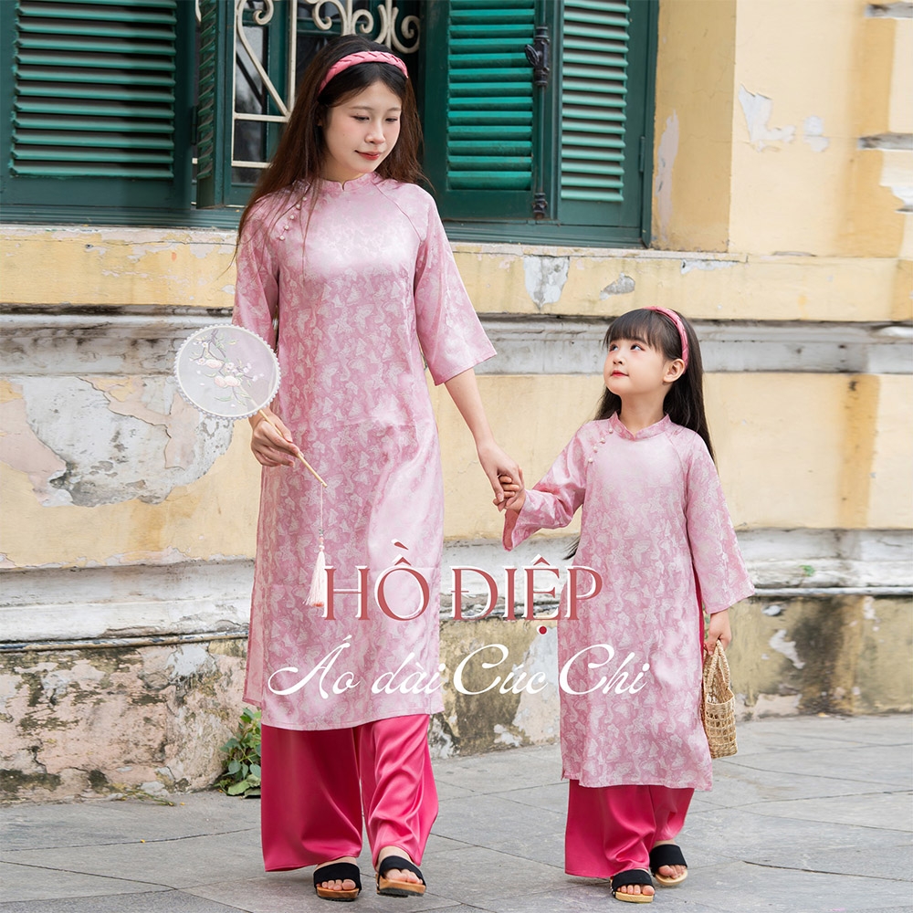 Áo dài bé gái hồng hồ diệp lụa gấm mềm mát kèm quần cực xinh MamLa CC206