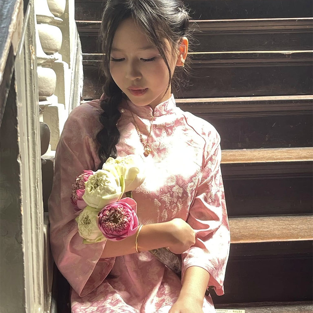 Áo dài bé gái hồng hồ diệp lụa gấm mềm mát kèm quần cực xinh MamLa CC206