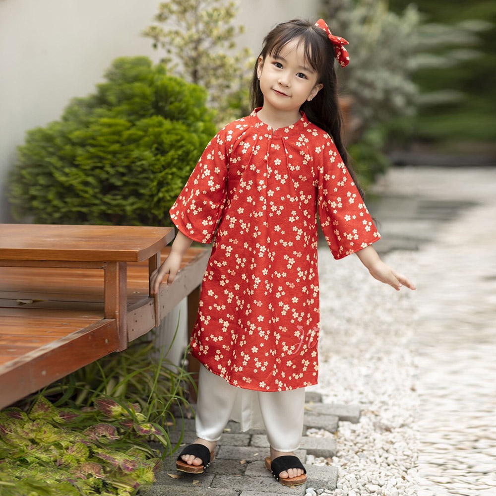 Áo dài truyền thống bé gái nhung tăm in hoa cao ấp mềm mát áo tay lửng kèm quần lụa và nơ MamLa
