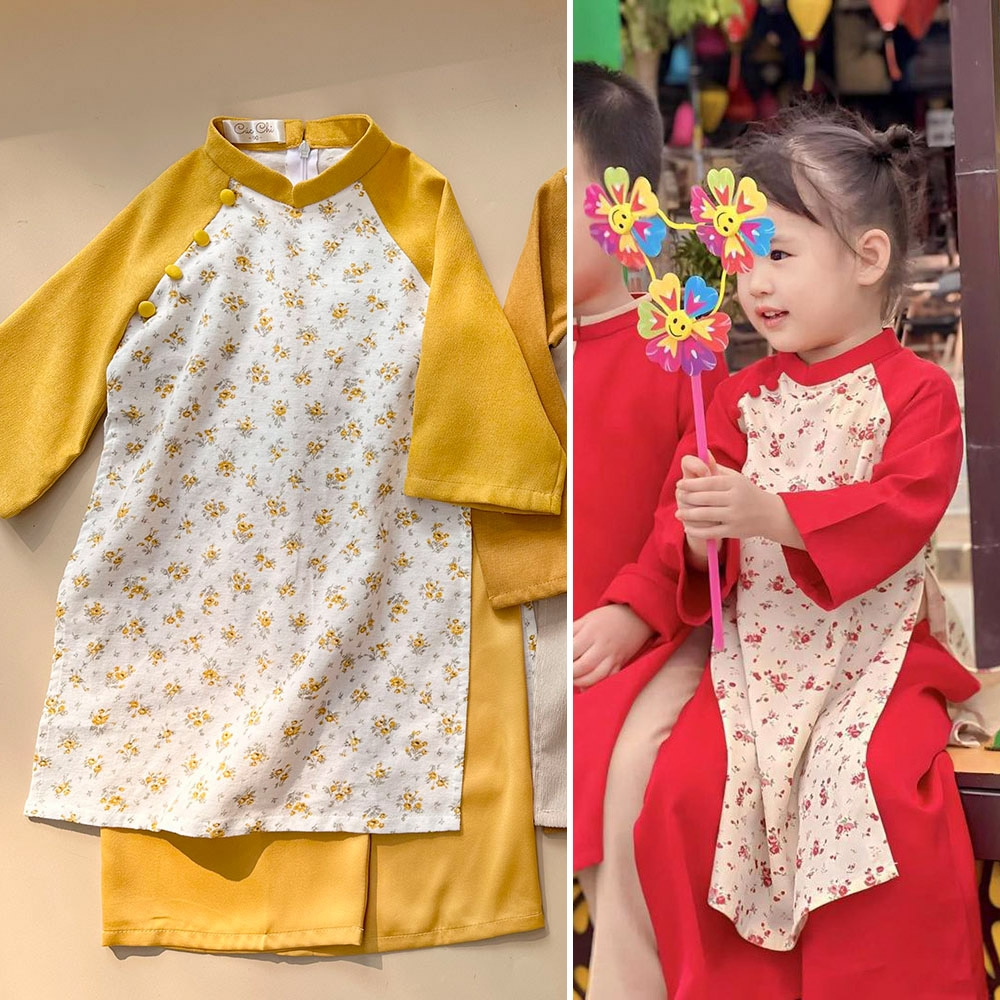 Áo dài bé gái hoa nhí phối nhung mịn kèm quần lụa ống xuông cực xinh MamLa (không kèm mấn)