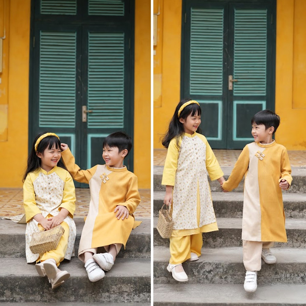Áo dài bé trai nhung mịn kết nút kèm quần nhung baggy MamLa