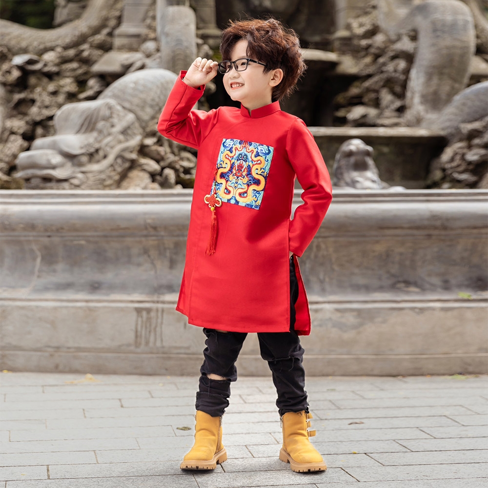 Áo dài bé trai đắp ngực hình lân vải taffeta giữ form tốt mặc mát MamLa