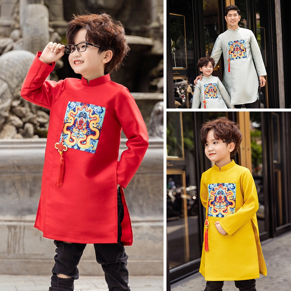 Áo dài bé trai đắp ngực hình lân vải taffeta giữ form tốt mặc mát MamLa