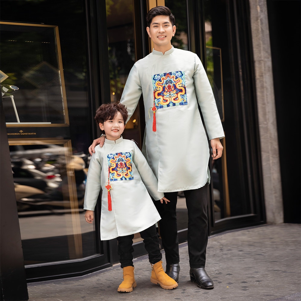 Áo dài bé trai đắp ngực hình lân vải taffeta giữ form tốt mặc mát MamLa