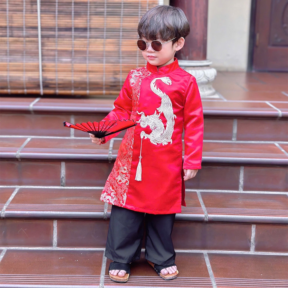Áo dài bé trai bé hình rồng đáp chất gấm Hàn mềm phối màu set áo kèm quần MamLa MM202