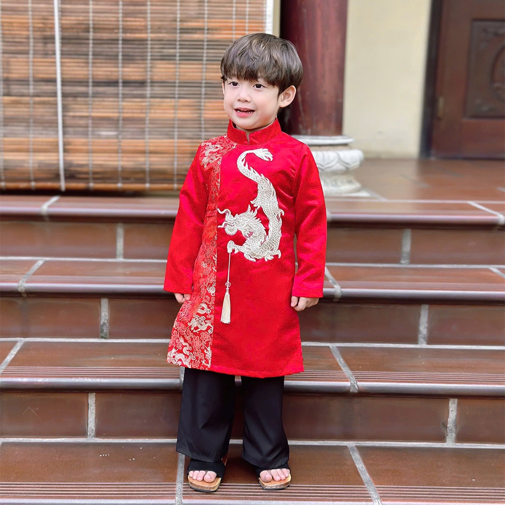 Áo dài bé trai bé hình rồng đáp chất gấm Hàn mềm phối màu set áo kèm quần MamLa MM202