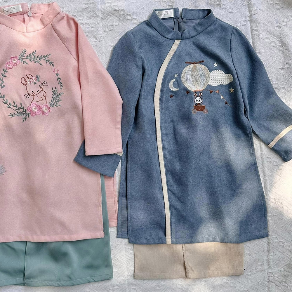 Áo dài bé trai nhung mịn thêu thỏ cung trăng kèm quần nhung baggy Mamla