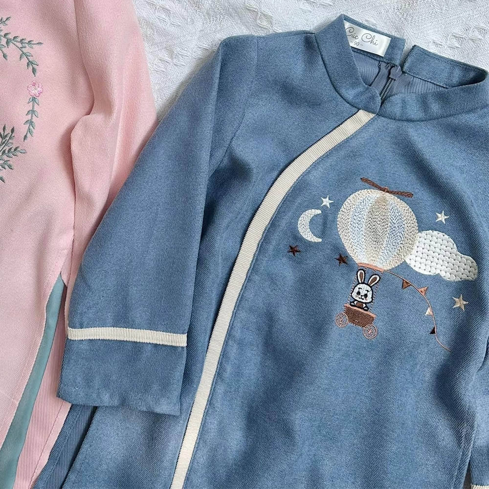 Áo dài bé trai nhung mịn thêu thỏ cung trăng kèm quần nhung baggy Mamla