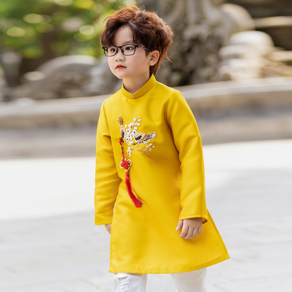 Áo dài bé trai thêu kết ruy băng thủ công chim yến vải taffeta giữ form tốt mặc mát MamLa