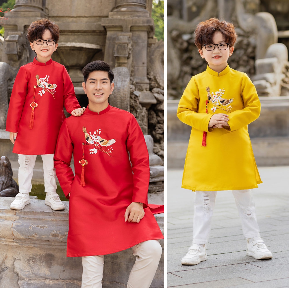 Áo dài bé trai thêu kết ruy băng thủ công chim yến vải taffeta giữ form tốt mặc mát MamLa