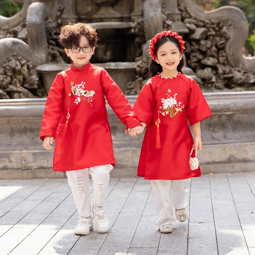 Áo dài bé trai thêu kết ruy băng thủ công chim yến vải taffeta giữ form tốt mặc mát MamLa