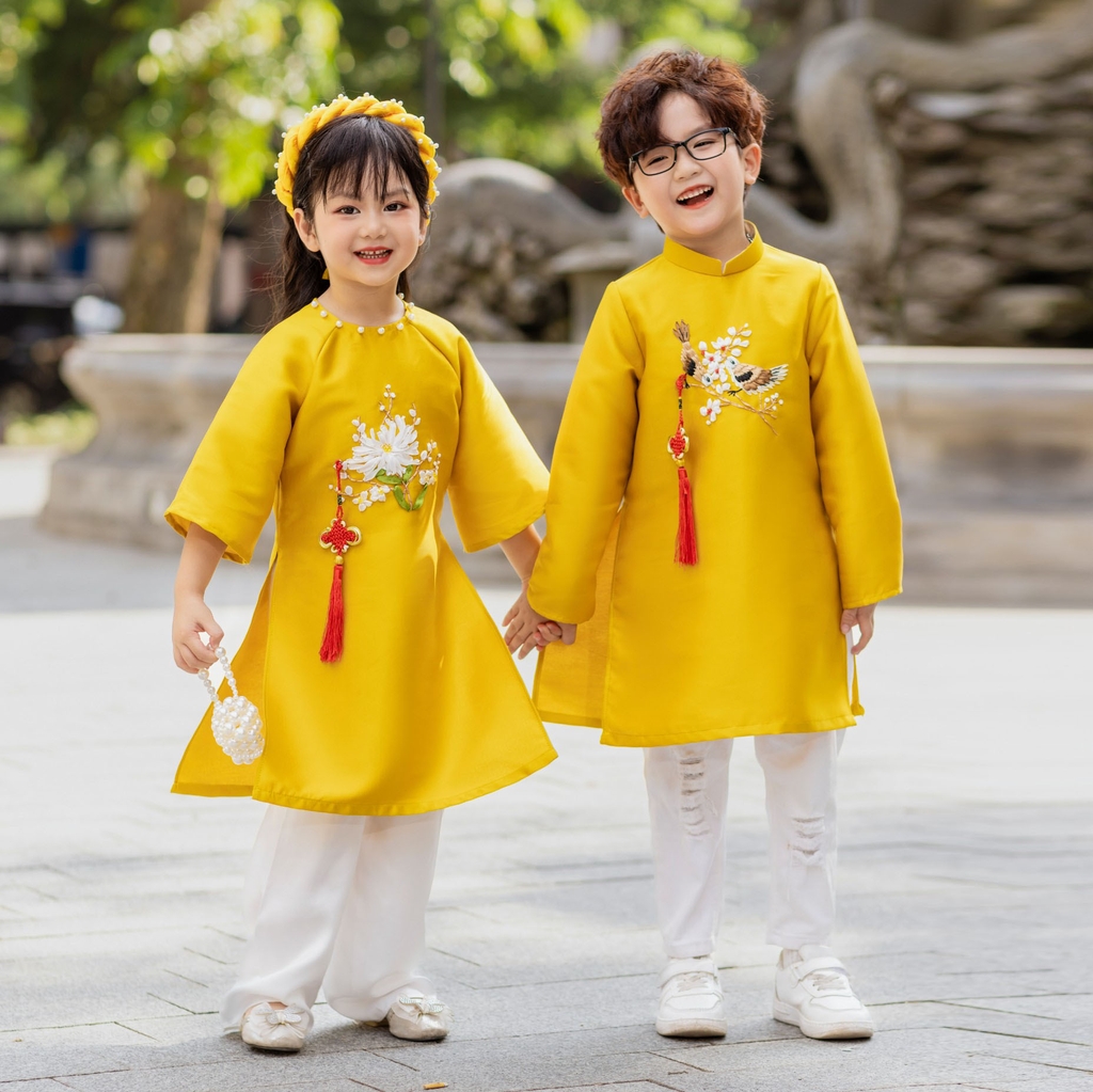 Áo dài bé trai thêu kết ruy băng thủ công chim yến vải taffeta giữ form tốt mặc mát MamLa